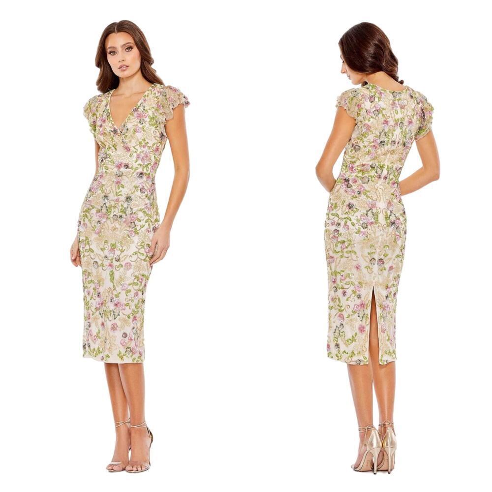 Mac Duggal 5722 Embellished Beaded Flutter Cap Sleeve Dress Floral Size 8 NWT